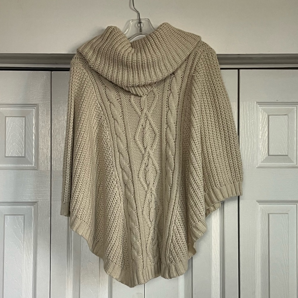 POL Cable Knit Hooded Poncho in Cream